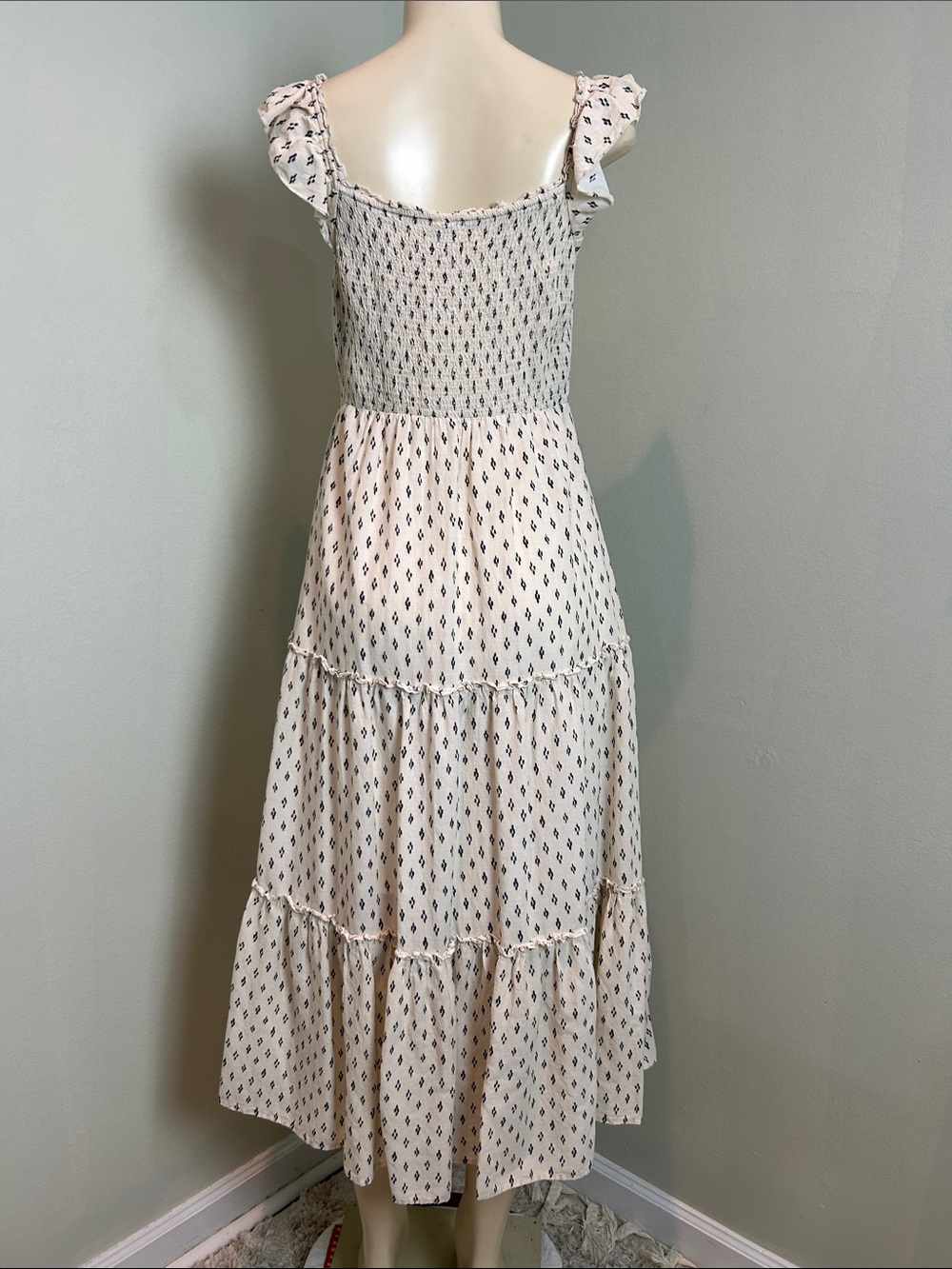 Old Navy Smocked Midi Dress Medium Cream Blue Print Ruffle Strap Cottagecore - Picture 4 of 8